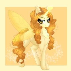 Size: 2000x2000 | Tagged: safe, artist:splashofsweet, pony, unicorn, butterfly wings, chest fluff, high res, jewelry, lidded eyes, looking at you, magic, not adagio dazzle, smiling, sparkles, tiara, wings