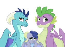 Size: 2814x2048 | Tagged: safe, artist:moccabliss, princess ember, spike, oc, oc:onyx, dragon, g4, dragoness, family, female, high res, male, offspring, older, older spike, parent:princess ember, parent:spike, parents:emberspike, ship:emberspike, shipping, simple background, straight, white background, winged spike, wings