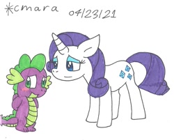 Size: 1113x894 | Tagged: safe, artist:cmara, rarity, spike, dragon, pony, unicorn, g4, blushing, eyeshadow, female, makeup, male, mare, ship:sparity, shipping, simple background, straight, traditional art, white background