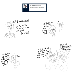Size: 2000x2000 | Tagged: safe, artist:alazak, cheerilee, oc, oc:the fish, pony, g4, ask, high res, monochrome