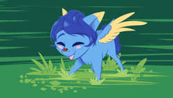 Size: 3497x1966 | Tagged: safe, artist:klarapl, oc, oc only, oc:helmie, insect, ladybug, pegasus, pony, blushing, chibi, colored eartips, colored wings, eyes closed, grass, happy, insect on someone, ladybug on nose, open mouth, open smile, smiling, solo, spread wings, standing, two toned wings, wings