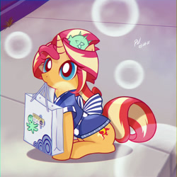 Size: 1280x1280 | Tagged: safe, artist:theratedrshimmer, sunset shimmer, pony, unicorn, equestria girls, g4, good vibes, my little pony equestria girls: summertime shorts, 90s anime, bag, chromatic aberration, clothes, cute, daaaaaaaaaaaw, hnnng, looking up, mouth hold, particles, ponified, shimmerbetes, shopping bag, solo, sunset sushi