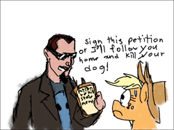 Size: 800x600 | Tagged: safe, anonymous artist, applejack, human, pony, g4, abuse, animal abuse, clipboard, clothes, death threat, facial hair, goatee, implied winona, petition, postal, postal 2, postal dude, sunglasses, sweat, threat, trenchcoat