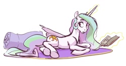 Size: 1260x666 | Tagged: safe, artist:nadnerbd, princess celestia, alicorn, pony, g4, book, concave belly, dock, glowing, glowing horn, hooves, horn, looking back, lying down, magic, on side, partially open wings, pillow, reading, rug, sketch, slender, solo, sternocleidomastoid, telekinesis, thin, wings