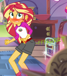 Size: 532x600 | Tagged: safe, artist:thedarkpony, edit, edited screencap, screencap, sunset shimmer, equestria girls, g4, legend of everfree, blushing, camp everfree outfits, clothes, cropped, fart, fart edit, fart noise, female, onomatopoeia, shorts, sound effects