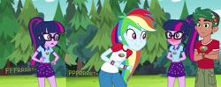 Size: 1432x566 | Tagged: safe, artist:thedarkpony, edit, edited screencap, screencap, rainbow dash, sci-twi, timber spruce, twilight sparkle, equestria girls, g4, legend of everfree, blushing, blushing profusely, camp everfree outfits, capri pants, clothes, cropped, crossed arms, cute, dashabetes, embarrassed, fart, fart edit, fart noise, female, gassy, hands behind back, jeans, male, no shame, onomatopoeia, pants, shirt, shorts, sibling love, sisterly love, sound effects, t-shirt, trio, twilight fartle