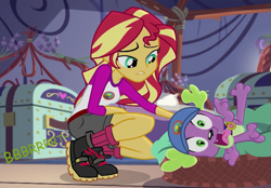 Size: 935x649 | Tagged: safe, artist:thedarkpony, edit, edited screencap, screencap, spike, spike the regular dog, sunset shimmer, dog, equestria girls, g4, legend of everfree, camp everfree outfits, clothes, fart, fart edit, fart noise, female, onomatopoeia, shorts, sound effects, spike the dog
