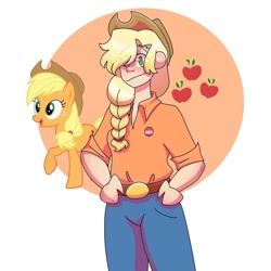 Size: 1080x1080 | Tagged: safe, artist:bunny_b0nez, applejack, earth pony, human, pony, g4, belt, braid, clothes, cutie mark background, duo, eyelashes, female, hat, headcanon, humanized, lgbt headcanon, mare, pants, raised hoof, self ponidox, sexuality headcanon, smiling