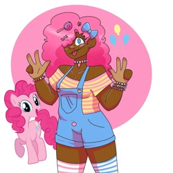 Size: 1080x1080 | Tagged: safe, artist:bunny_b0nez, pinkie pie, earth pony, human, pony, g4, :p, bow, bracelet, candy, clothes, cutie mark background, dark skin, duo, eyelashes, female, food, hair bow, hair over one eye, headcanon, humanized, jewelry, lgbt headcanon, lollipop, mare, overalls, peace sign, raised hoof, self ponidox, sexuality headcanon, smiling, socks, striped socks, tongue out