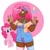 Size: 1080x1080 | Tagged: safe, artist:bunny_b0nez, pinkie pie, earth pony, human, pony, g4, :p, bow, bracelet, candy, clothes, cutie mark background, dark skin, duo, eyelashes, female, food, hair bow, hair over one eye, headcanon, humanized, jewelry, lgbt headcanon, lollipop, mare, overalls, peace sign, raised hoof, self ponidox, sexuality headcanon, smiling, socks, striped socks, tongue out