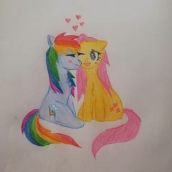 Size: 1080x1080 | Tagged: safe, artist:spaceyfish, fluttershy, rainbow dash, pegasus, pony, g4, blushing, eyelashes, female, heart, lesbian, mare, one eye closed, ship:flutterdash, shipping, traditional art, wingless, wink