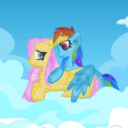 Size: 768x768 | Tagged: safe, artist:spaceyfish, fluttershy, rainbow dash, pegasus, pony, g4, cloud, eyelashes, female, lesbian, mare, on a cloud, outdoors, ship:flutterdash, shipping, smiling, wings