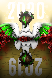 Size: 1080x1596 | Tagged: safe, artist:jvartes6112, oc, oc only, oc:jv6112, alicorn, pony, 2019, 2020, alicorn oc, bust, duality, flower, harsher in hindsight, horn, male, rose, spread wings, stallion, two toned wings, wings
