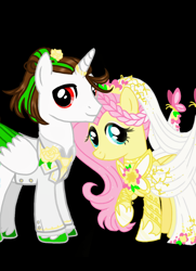 Size: 784x1080 | Tagged: safe, artist:jvartes6112, fluttershy, oc, oc:jv6112, alicorn, butterfly, pegasus, pony, g4, alicorn oc, black background, braid, canon x oc, clothes, dress, eyelashes, female, hoof shoes, horn, male, mare, marriage, raised hoof, shipping, simple background, smiling, stallion, straight, suit, two toned wings, wedding, wedding dress, wings