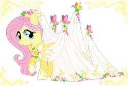 Size: 1596x1080 | Tagged: safe, alternate version, artist:jvartes6112, fluttershy, butterfly, pegasus, pony, g4, braid, clothes, dress, eyelashes, female, hoof shoes, mare, raised hoof, simple background, smiling, solo, transparent background, wedding dress