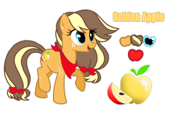 Size: 1596x1080 | Tagged: safe, artist:jvartes6112, oc, oc only, oc:golden apple, earth pony, pony, apple, bow, earth pony oc, eyelashes, female, food, freckles, hair bow, mare, neckerchief, offspring, parent:applejack, parent:caramel, parents:carajack, reference sheet, simple background, solo, transparent background