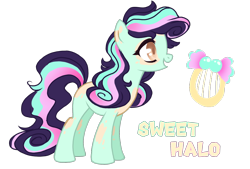 Size: 1596x1080 | Tagged: safe, artist:jvartes6112, oc, oc only, oc:sweet halo, earth pony, pony, earth pony oc, eyelashes, female, magical lesbian spawn, mare, offspring, open mouth, parent:bon bon, parent:lyra heartstrings, parents:lyrabon, reference sheet, simple background, smiling, solo, transparent background