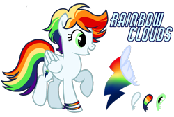 Size: 1596x1080 | Tagged: safe, artist:jvartes6112, oc, oc only, oc:rainbow clouds, pegasus, pony, bracelet, eyelashes, female, jewelry, mare, multicolored hair, offspring, open mouth, parent:rainbow dash, parent:soarin', parents:soarindash, pegasus oc, rainbow hair, raised hoof, reference sheet, simple background, solo, transparent background, wings