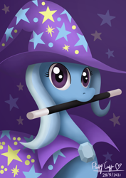 Size: 1240x1754 | Tagged: safe, artist:missfluffycuffs, trixie, pony, g4, bust, cape, clothes, female, hat, looking at you, mare, mouth hold, simple background, solo, trixie's brooch, trixie's cape, trixie's hat