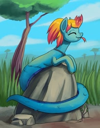 Size: 943x1200 | Tagged: safe, artist:lexx2dot0, oc, oc only, oc:merrifeather, lamia, original species, pony, cloud, content, eyes closed, forked tongue, gradient mane, happy, jewelry, necklace, rock, scales, scenery, sky, smiling, solo, sun bathing, tall grass, tree