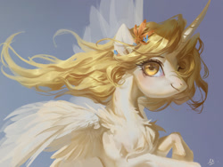 Size: 2000x1500 | Tagged: safe, artist:makkah, princess celestia, alicorn, pony, g4, chest fluff, female, flower, flower in hair, mare, solo, young celestia, younger