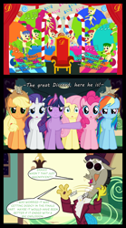 Size: 1280x2300 | Tagged: safe, artist:bigsnusnu, applejack, discord, fluttershy, pinkie pie, rainbow dash, rarity, twilight sparkle, draconequus, earth pony, pegasus, pony, unicorn, comic:dusk shine in pursuit of happiness, g4, candy, candy cane, chair, charlie and the chocolate factory, clapping, curtains, dusk shine, food, happy, puppet, roald dahl, rule 63, singing, suspicious, throne, willy wonka