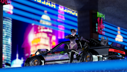 Size: 3840x2160 | Tagged: safe, alternate version, artist:checkered, oc, oc only, oc:libi, earth pony, anthro, 3d, blender, car, city, clothes, curvy, cyberpunk, ear piercing, eating, female, food, futuristic, gun, high res, hologram, hourglass figure, jacket, one-piece swimsuit, outdoors, parking lot, piercing, racecar, rifle, sandwich, shoes, sneakers, sniper, sniper rifle, socks, solo, subaru, subaru legacy, swimsuit, thigh highs, vehicle, weapon