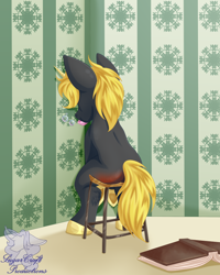 Size: 768x960 | Tagged: safe, artist:sugardust-charm, oc, oc only, pony, unicorn, book, bubble, butt blush, colt, male, reddened butt, sitting, soap, solo, spank mark, spanked, stool, time out