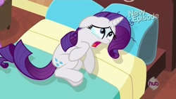 Size: 1280x720 | Tagged: safe, screencap, rarity, pony, unicorn, g4, rarity takes manehattan, season 4, bed, crying, drama queen, female, hub logo, new episode, open mouth, rarity being rarity, solo