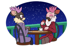 Size: 1800x1200 | Tagged: safe, artist:thescornfulreptilian, dancer (tfh), vixen (tfh), deer, reindeer, anthro, them's fightin' herds, clothes, coffee, coffee mug, community related, duo, female, hand over mouth, laughing, mug, smiling