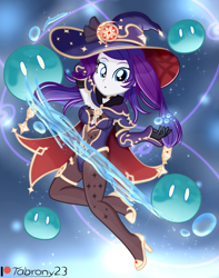 Size: 1459x1854 | Tagged: safe, artist:tabrony23, rarity, equestria girls, g4, cape, clothes, cosplay, costume, cute, detached sleeves, female, genshin impact, giant hat, gloves, hat, high heels, leotard, looking at you, magic, mona (genshin impact), pantyhose, patreon, patreon logo, shoes, show accurate, slimes (genshin impact), solo, stockings, thigh highs, water, witch hat