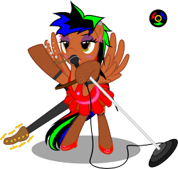 Size: 2942x2793 | Tagged: safe, artist:kyoshyu, oc, oc only, oc:bucolique, pegasus, pony, clothes, crossdressing, dress, guitar, high res, male, microphone, musical instrument, simple background, solo, stallion, transparent background