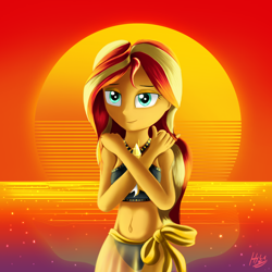 Size: 1500x1500 | Tagged: safe, artist:jphyperx, sunset shimmer, equestria girls, equestria girls series, beach, bedroom eyes, belly button, clothes, female, hair twirl, midriff, retrowave, sarong, sexy, solo, sun, sunset, swimsuit, synthwave