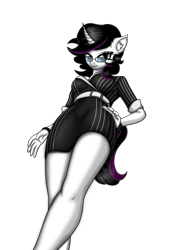 Size: 2209x3197 | Tagged: safe, artist:maxiclouds, oc, oc only, oc:silver predator, unicorn, anthro, clothes, dress, glasses, high res, legs, solo