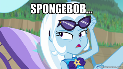 Size: 800x450 | Tagged: safe, edit, edited screencap, screencap, trixie, equestria girls, equestria girls specials, g4, my little pony equestria girls: better together, my little pony equestria girls: forgotten friendship, beach chair, caption, chair, clothes, image macro, mermaid man and barnacle boy, solo, spongebob squarepants, swimsuit, text