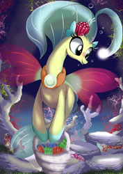 Size: 1024x1449 | Tagged: safe, artist:neoshrek, princess skystar, hippogriff, seapony (g4), g4, my little pony: the movie, bioluminescent, blue mane, bubble, coral, eyelashes, female, fins, fish tail, flower, flower in hair, glowing, jewelry, necklace, ocean, open mouth, pearl necklace, red wings, seashell, shell, smiling, solo, swimming, tail, underwater, water, wings