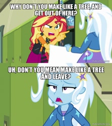 Size: 800x900 | Tagged: safe, edit, edited screencap, screencap, sunset shimmer, trixie, equestria girls, equestria girls series, forgotten friendship, g4, back to the future, caption, image macro, text