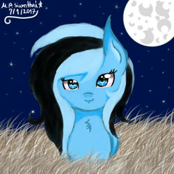 Size: 500x500 | Tagged: safe, artist:mudmee-thai, oc, oc only, earth pony, pony, bust, earth pony oc, eyelashes, female, full moon, mare, moon, night, outdoors, signature, smiling, stars