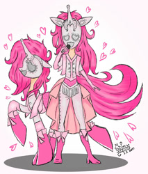 Size: 1277x1500 | Tagged: safe, artist:mudmee-thai, oc, oc only, human, pony, unicorn, boots, duo, female, heart, high heel boots, horn, human ponidox, humanized, mare, mask, microphone, self ponidox, shoes, signature, simple background, singing, unicorn oc, white background