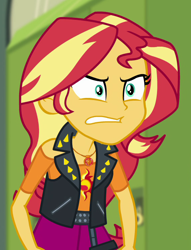 Size: 568x745 | Tagged: safe, screencap, sunset shimmer, equestria girls, equestria girls series, forgotten friendship, g4, angry, clothes, cropped, female, jacket, skirt, solo