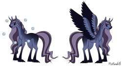 Size: 3888x2120 | Tagged: safe, artist:misskanabelle, oc, oc only, alicorn, pony, unicorn, alicorn oc, crack ship offspring, curved horn, duo, female, high res, hoof fluff, horn, magical lesbian spawn, mare, offspring, parent:inky rose, parent:twilight sparkle, signature, simple background, transparent background, unicorn oc, wings