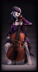 Size: 3840x7200 | Tagged: safe, artist:imafutureguitarhero, octavia melody, earth pony, anthro, unguligrade anthro, g4, 3d, abstract background, absurd resolution, alternate mane, bolero jacket, border, bow (instrument), cello, cheek fluff, chromatic aberration, clothes, colored eyebrows, colored eyelashes, corset, cute, detailed hair, ear fluff, ear piercing, earring, female, film grain, fluffy, fur, jacket, jewelry, knee fluff, leg fluff, mare, musical instrument, nose wrinkle, one ear down, pendant, piercing, playing instrument, revamped anthros, revamped ponies, signature, sitting, skirt, smiling, solo, source filmmaker, tavibetes, vertical