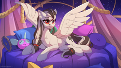 Size: 3000x1688 | Tagged: safe, artist:redchetgreen, oc, oc only, oc:indicia, pegasus, pony, bed, concave belly, female, high res, night, pegasus oc, red eyes, slender, solo, stars, thin