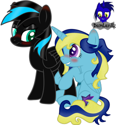 Size: 3840x4154 | Tagged: safe, artist:damlanil, oc, oc only, oc:amethyst star, oc:nightlight aura, alicorn, pegasus, pony, blushing, cute, duo, eyeshadow, female, horn, hug, makeup, male, mare, present, shiny mane, show accurate, stallion, vector, wings