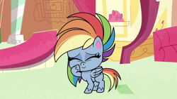 Size: 1920x1080 | Tagged: safe, screencap, rainbow dash, pegasus, pony, g4.5, my little pony: pony life, the best of the worst, cute, dashabetes, eyes closed, female, giggling, mare, solo, sugarcube corner