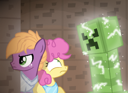 Size: 800x586 | Tagged: safe, artist:hate-love12, li'l cheese, little mac, ambiguous race, pony, don't mine at night, g4, the last problem, colt, creeper, female, filly, foal, li'l mac n cheese, male, minecraft, shipping