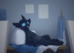 Size: 1512x1080 | Tagged: safe, artist:tsswordy, oc, oc only, changeling, blue eyes, cloth, fangs, glowing eyes, horn, looking at you, lounging, lying down, male, modeling, on back, on table, pillow, solo