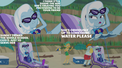 Size: 1280x720 | Tagged: safe, edit, edited screencap, editor:quoterific, screencap, snails, snips, trixie, equestria girls, equestria girls specials, g4, my little pony equestria girls: better together, my little pony equestria girls: forgotten friendship, beach, beach chair, belly button, chair, clothes, eyes closed, female, hypocrisy, hypocritical humor, implied sunset shimmer, male, midriff, open mouth, sandals, sunglasses, swimsuit, water