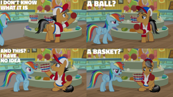 Size: 1280x720 | Tagged: safe, edit, edited screencap, editor:quoterific, screencap, quibble pants, rainbow dash, earth pony, pegasus, pony, common ground, g4, season 9, ball, basket, female, hat, male, mare, open mouth, stallion