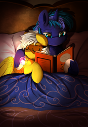 Size: 2508x3597 | Tagged: safe, artist:pridark, oc, oc only, oc:lightning faraday, pegasus, pony, unicorn, bed, commission, duo, female, high res, horn, lightbulb, mare, pegasus oc, unicorn oc